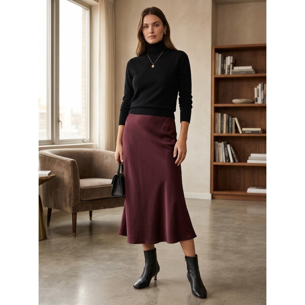 Minimalist Silk Quince Burgundy Mulberry Midi Slip Skirt Size L Large